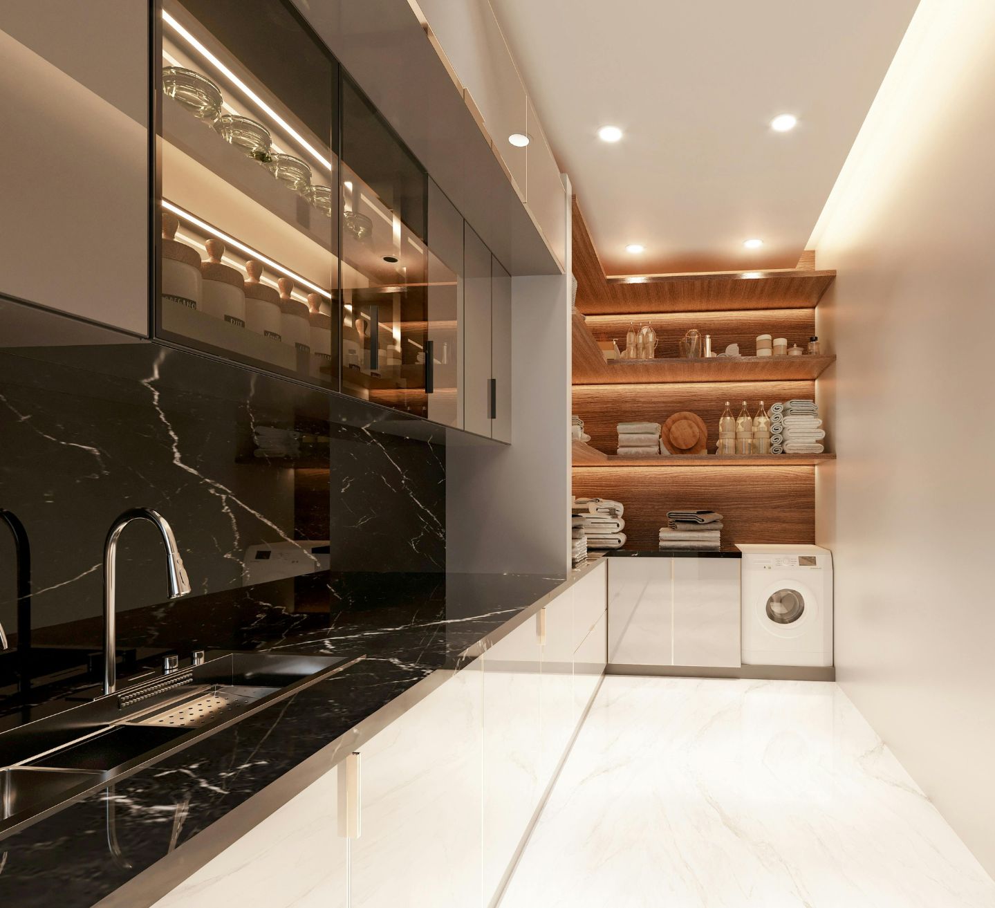 A galley kitchen in Blacktown with a black marble-look benchtop and splashback, LED-lit glass overhead cabinets and a timber-lined scullery beyond, designed and built by 10X Joinery.
