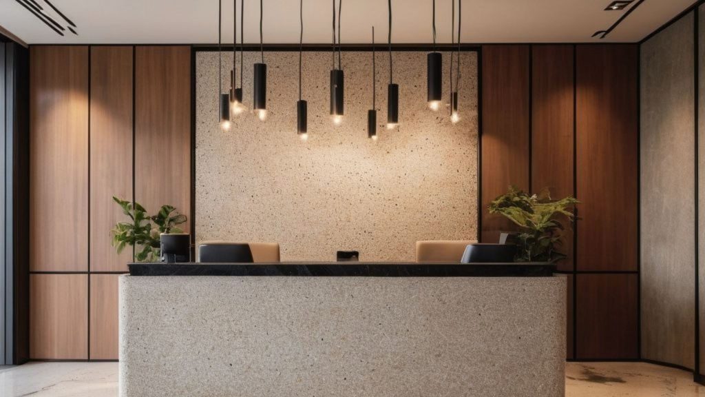 A terrazzo-fronted reception desk with timber panelled walls and cluster pendant lighting, part of a Sydney commercial fit-out by 10X Joinery.