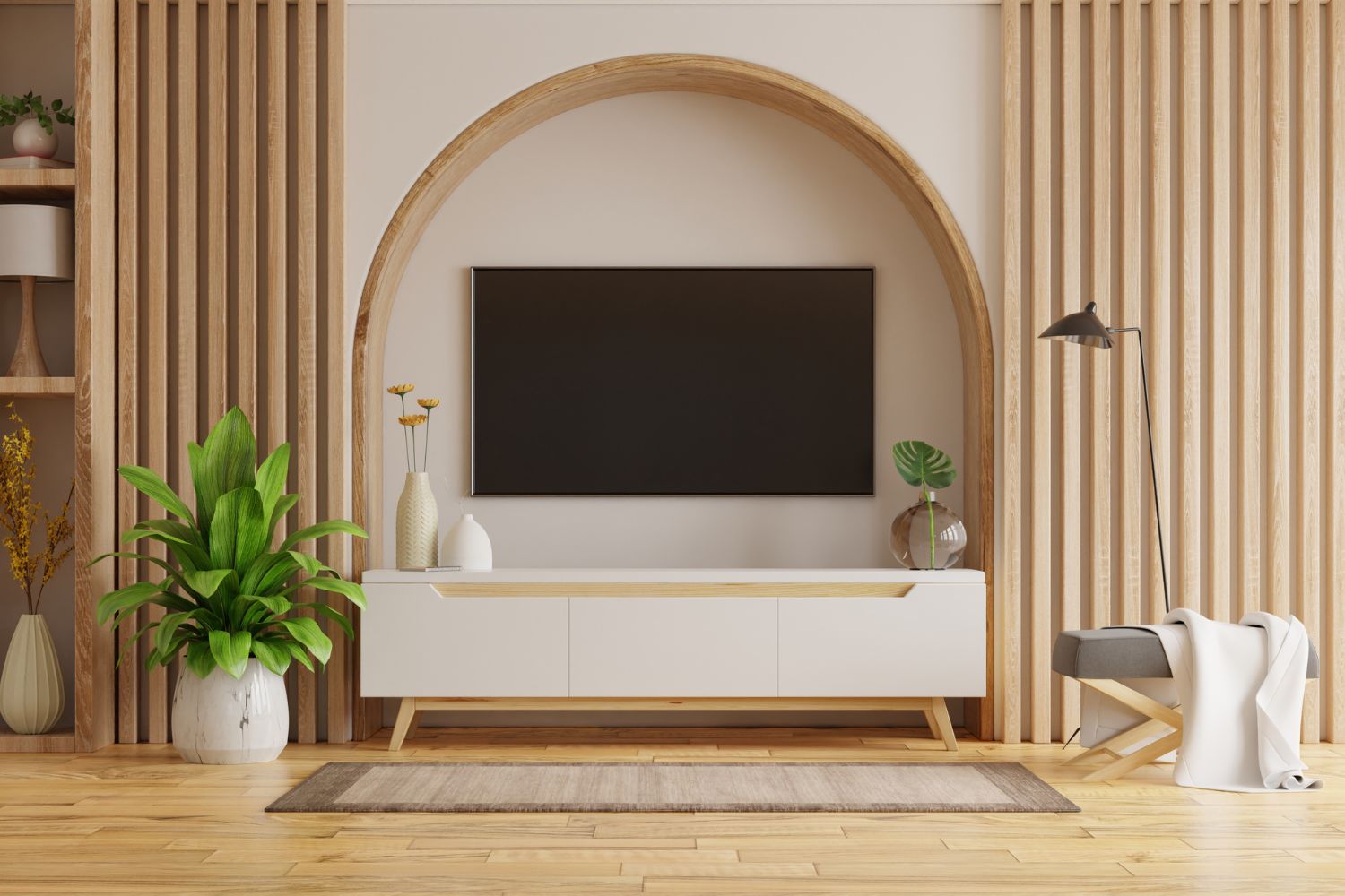TV and living area joinery in a Sydney home, with an arched TV wall framed by vertical timber battens and a floating white TV console, designed and built by 10X Joinery.