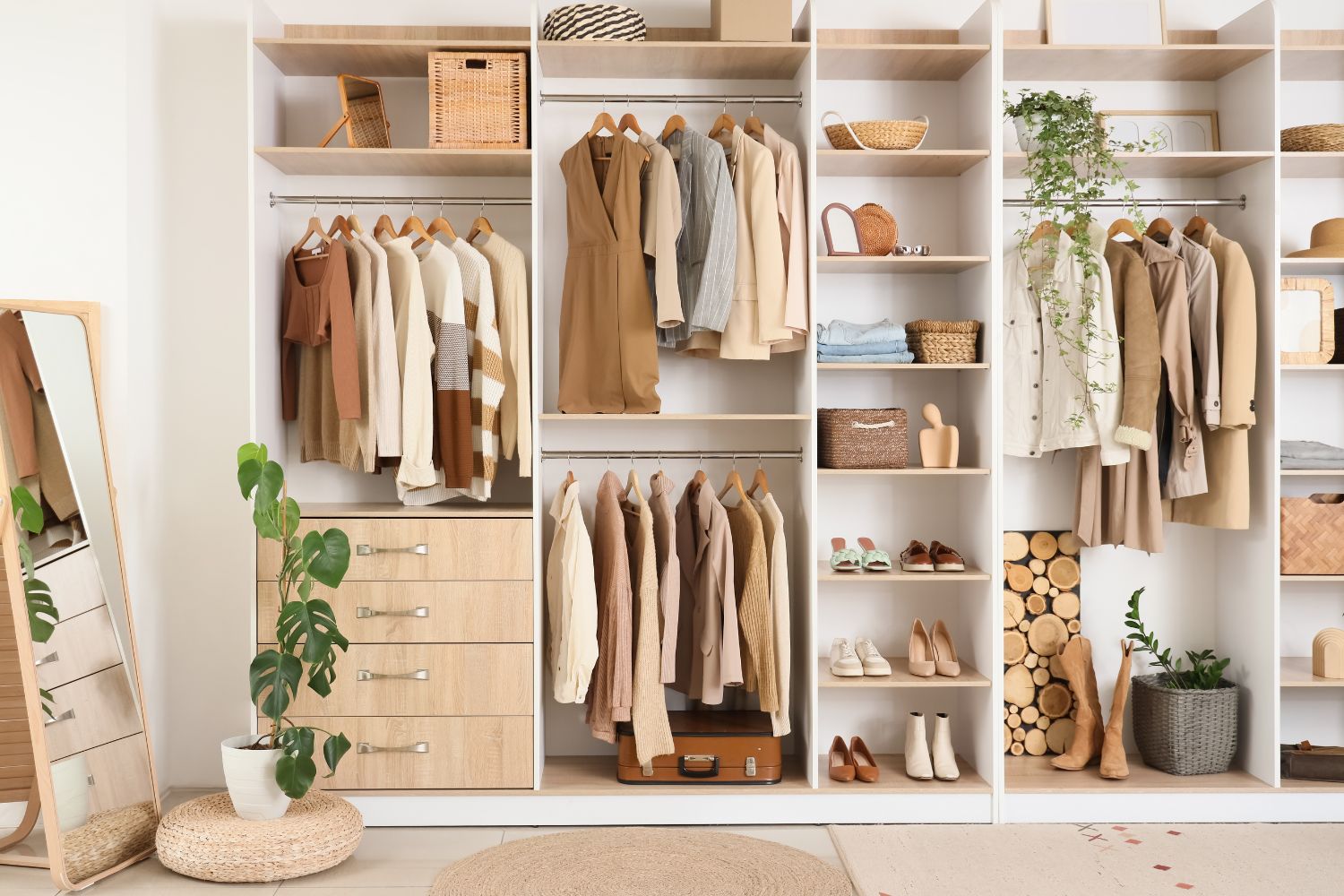 A custom walk-in wardrobe in a Sydney home with white and light timber shelving, hanging rails, drawers and shoe storage, designed and built by 10X Joinery.