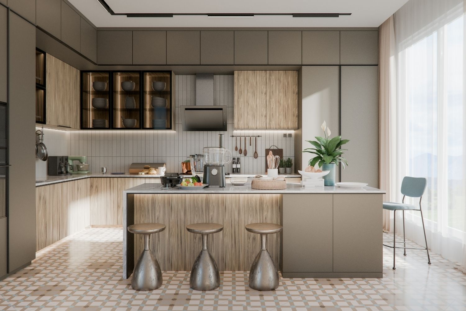 A kitchen renovation in Auburn with taupe and timber-grain cabinetry, black-framed glass overheads, a lit timber-front island and patterned floor tiles, designed and built by 10X Joinery.