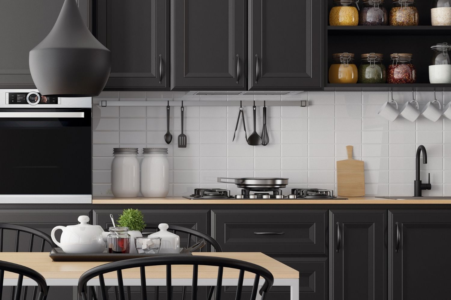 A charcoal shaker kitchen with open spice shelving and a timber dining table, the kind of inspiration Castle Hill homeowners bring to a 10X Joinery design consultation.