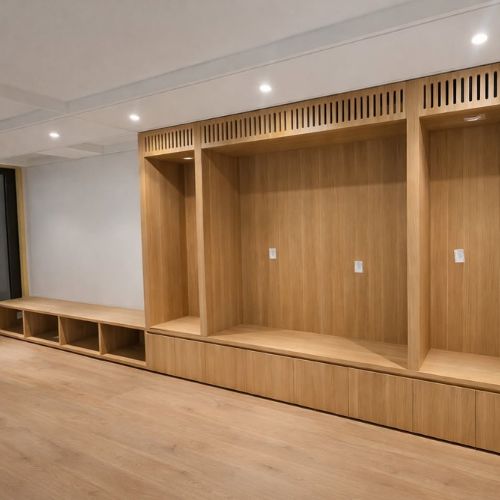 Commercial timber joinery fit-out with built-in bench seating and open shelving, 10x Joinery