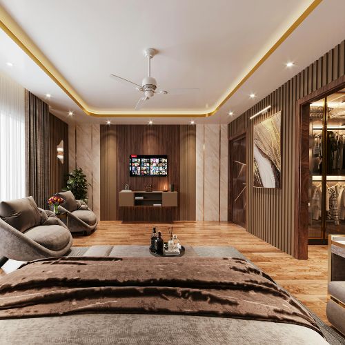 Bespoke bedroom joinery with timber slat wall panelling, built-in TV unit and glass-front wardrobe