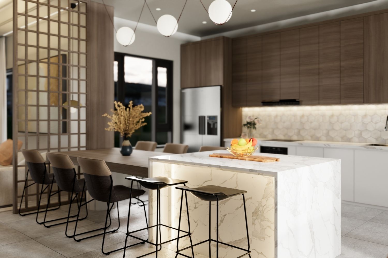 A kitchen renovation in Castle Hill with a lit white marble waterfall island, timber overhead cabinetry, hexagon tile splashback and timber lattice screen, designed and built by 10X Joinery.