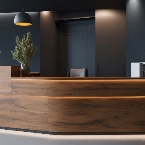 A timber veneer reception counter with LED strip lighting against a dark panelled wall in an Auburn office by 10X Joinery.