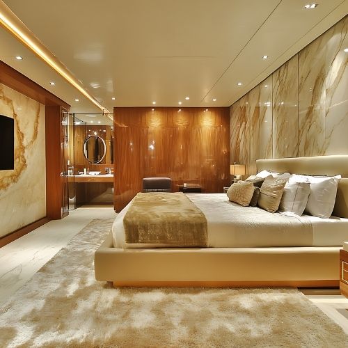 A premium interior with marble feature walls and warm timber panelling, showing the finish 10X Joinery brings to professional suites in Auburn.