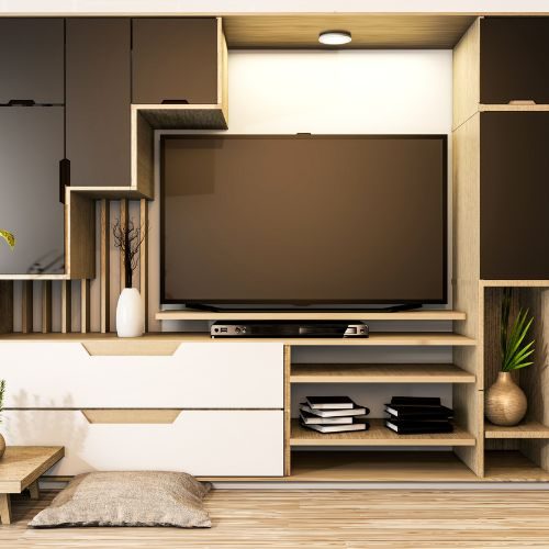 Bespoke TV cabinetry in timber and dark finishes with open shelves and soft-close drawers, made for a Sydney living room by 10X Joinery.