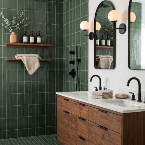 A custom timber double vanity with black tapware and arched mirrors against green tiles, built by 10X Joinery in a house located in Sydney.