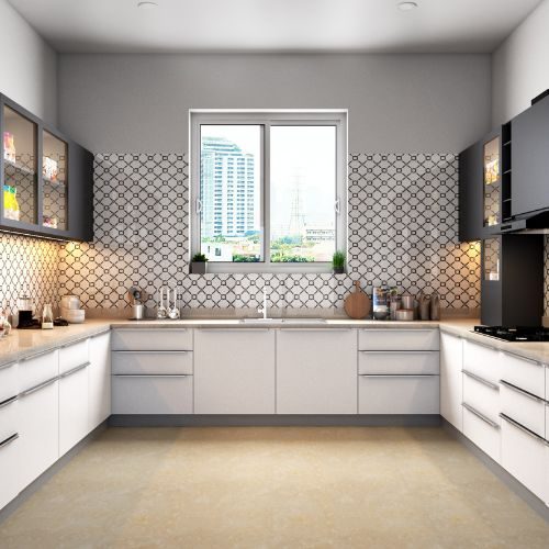 A white U-shaped kitchen with a patterned splashback, its cabinets manufactured in our Castle Hill workshop for a Blacktown home by 10X Joinery.