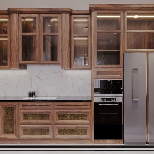 Custom walnut kitchen cabinetry with glass-front overheads and a marble splashback, made to measure in our workshop for a Bankstown home by 10X Joinery.