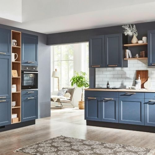 Navy shaker kitchen cabinetry with timber open shelving, manufactured in our Castle Hill workshop for a Baulkham Hills home by 10X Joinery.