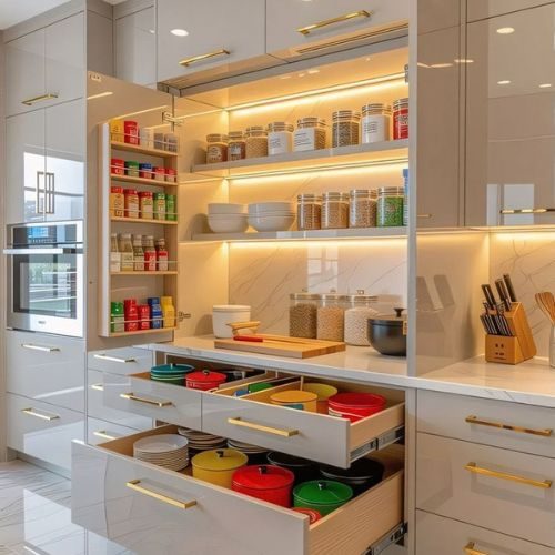 High-gloss custom cabinetry with pull-out pantry shelving and deep drawers, tailored storage for a Sydney commercial space by 10X Joinery.