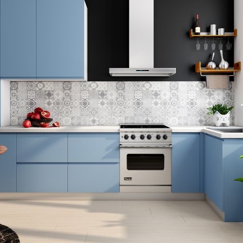 A custom kitchen design for a Castle Hill home with blue flat-panel cabinets, a patterned tile splashback and stainless steel cooker by 10X Joinery.