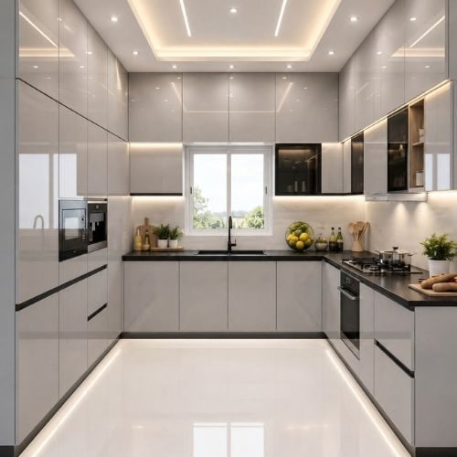 A modern U-shaped kitchen with grey gloss cabinetry, dark benchtops and LED ceiling and kickboard lighting by 10X Joinery in a Sydney house.