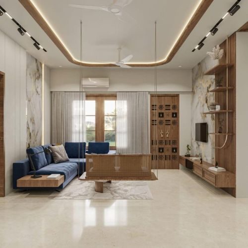 A living room with a custom timber TV unit, display shelving and integrated storage, designed by 10X Joinery.