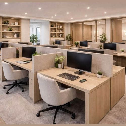 Light timber office workstations with privacy screens and built-in shelving, delivered for a Sydney workplace by 10X Joinery.