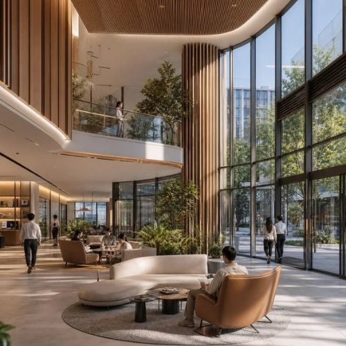 A multi-level Sydney commercial lobby with timber batten columns and curved ceiling joinery, designed and installed in-house by 10X Joinery.