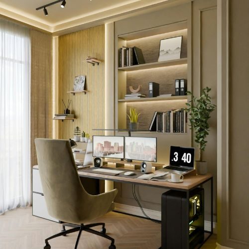 A completed Sydney home office with a built-in desk, dual monitors and LED-lit shelving above, delivered by 10X Joinery.