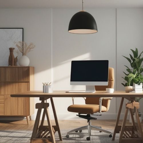 A timber trestle desk and matching sideboard in a light-filled Sydney home office, coordinated and installed by 10X Joinery.