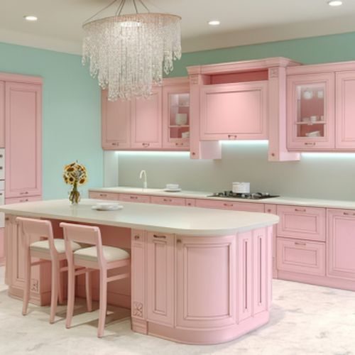A pastel pink kitchen with a curved island breakfast bar and seating under a crystal chandelier in a Bankstown home by 10X Joinery.