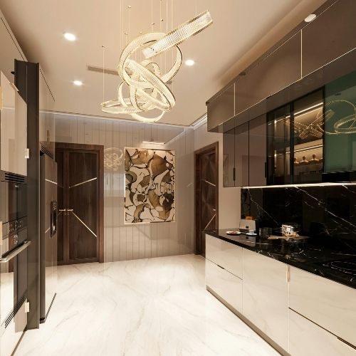 A luxury galley kitchen with black marble-look benchtops and lit glass overhead cabinets, built in Castle Hill for a nearby Baulkham Hills home by 10X Joinery.