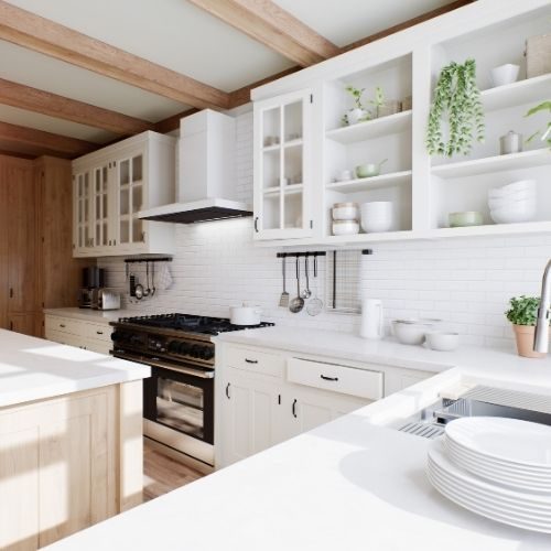 A white Baulkham Hills kitchen with glass-front cabinets, timber ceiling beams and a freestanding cooker, delivered to an itemised budget by 10X Joinery.