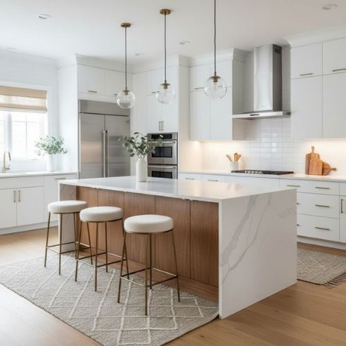 A custom kitchen island in a Sydney home, designed and built by 10X Joinery with a white waterfall benchtop and timber panelled base.