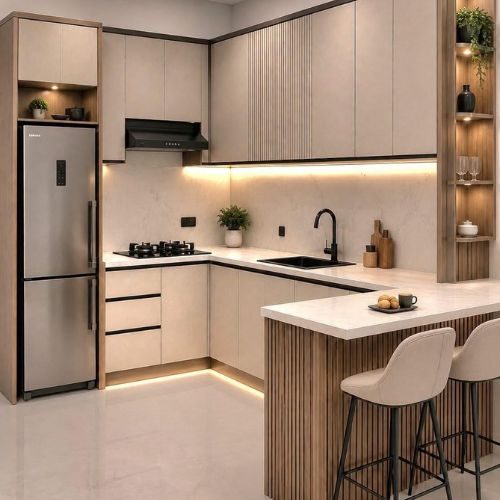 A recently renovated Sydney kitchen with cabinetry and a fluted timber breakfast bar, manufactured and installed by 10X Joinery.
