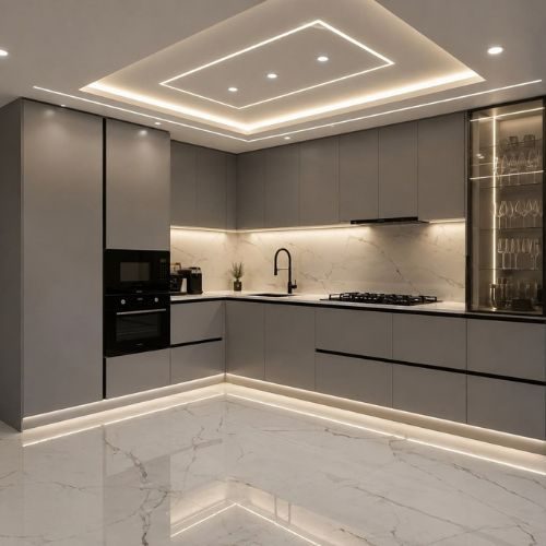 A modern kitchen upgrade in Sydney featuring grey handleless cabinets and a glass display unit, custom made by 10X Joinery.