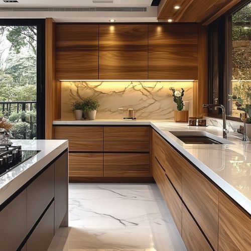 A completed Sydney kitchen with warm timber cabinetry, a white stone benchtop and LED-lit marble splashback, delivered by 10X Joinery.