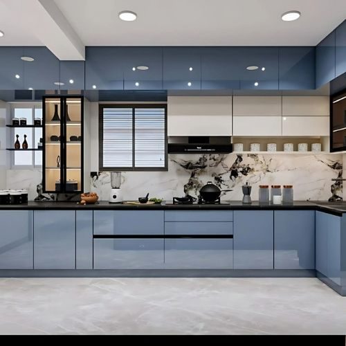 A Sydney kitchen with blue gloss and white cabinetry, designed, manufactured and installed in-house by 10X Joinery.