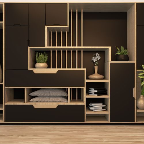Built-in living room cabinets with timber battens, open display shelves and closed storage in a Sydney home by 10X Joinery.