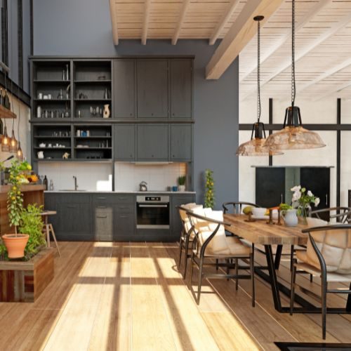 A Bankstown kitchen makeover with charcoal cabinetry, open display shelving and a timber dining area by 10X Joinery.