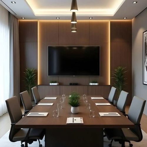 A Sydney boardroom with a long timber meeting table and LED-lit timber panelled wall, crafted by 10X Joinery.
