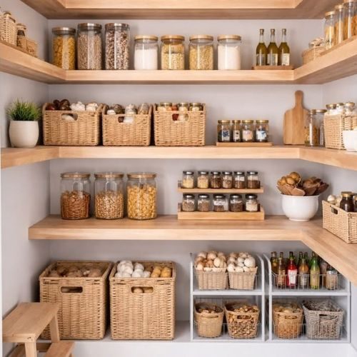 A walk-in pantry in Sydney fitted with custom timber shelving, designed and installed by 10X Joinery to keep everyday items organised.