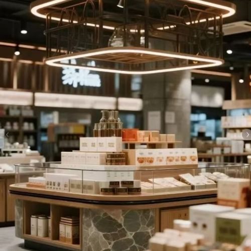 A retail display island with timber shelving and a stone base, built to handle high foot traffic in a Sydney store by 10X Joinery.