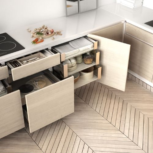 Deep pull-out kitchen drawers and storage bins beneath the cooktop, custom pantry storage for a Bankstown kitchen by 10X Joinery.