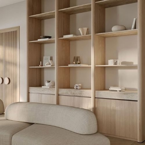 Made-to-measure light timber shelving and cabinetry with integrated seating, crafted in the 10X Joinery design studio.